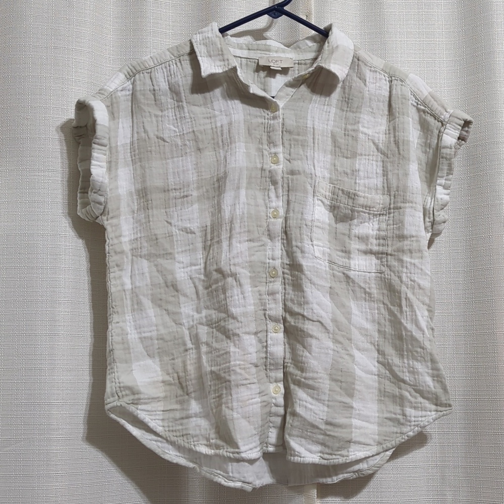 Loft Outlet Plaid Button Down Blouse Small Gray Short Sleeve Cotton Minimalist